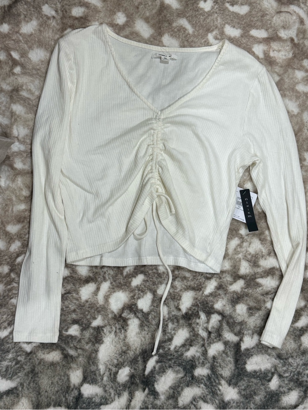 O'Neill Cream Ribbed Cinched Long Drawstring Top NWT
